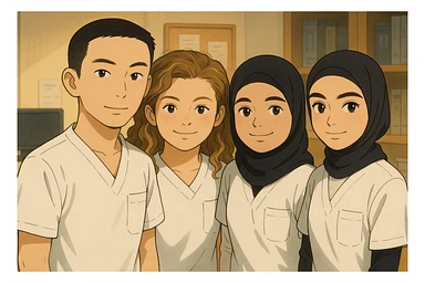 Four nursing students working together in a care station, all wearing short-sleeved white medical tunics with V-neck collars and left chest pockets, no collar stand or stethoscopes, no clothing extending beyond sleeves. The four students are inspired by the four provided faces, in a warm and professional atmosphere, Ghibli style. sticker