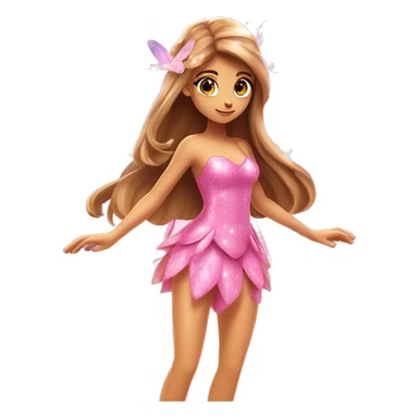 Flora the adult latina fairy of nature in her enchantix fairy pink clothing and fairy enchantix wings and long light brown hair from winx club. Small eyes, Lots of sparkles and fairydust. Full body and full fairy bliss sticker