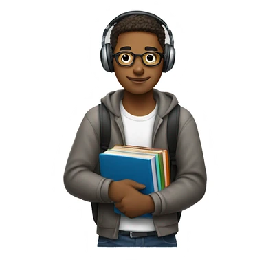 A university student holds books and textbooks in his left hand, headphones in his right hand

 sticker