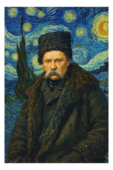 Insert the character from the provided image into Van Gogh's 'Starry Night' painting. Blend the character seamlessly into the surreal landscape, preserving the swirling impressionist style, dynamic brushstrokes, and oil painting effect of the original artwork. sticker