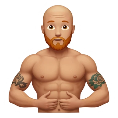 bald guy with a ginger beard an muscles shrugging his shoulders with GODBODY tattoo across stomach  sticker