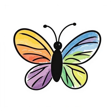 colorful butterfly in childlike crayon doodle style, centered, isolated on white background sticker