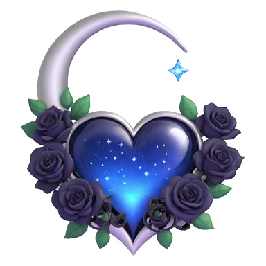 gothic heart, midnight blue glass, silver crescent moon, tiny black roses, shimmering stardust, glowing neon outline sticker