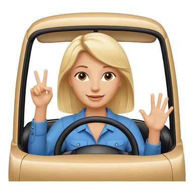 blonde woman driving car. one hand up Happy face confidence sticker