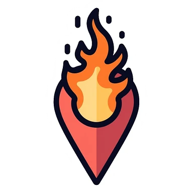 A map location pin marker on fire with flames coming out the top sticker