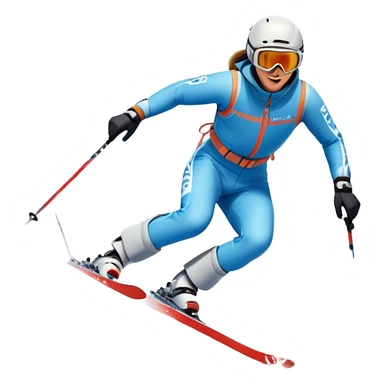 An icon featuring snowy peaks, pine trees, and a picturesque mountain landscape with a skier racing down a snow-covered slope. The sky is blue with soft clouds, capturing the thrill and beauty of alpine skiing. Transparent background highlights the excitement and serenity of winter sports. sticker