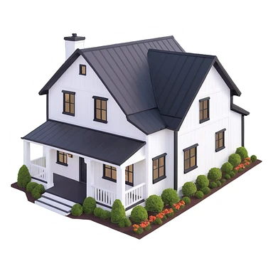modern farmhouse with white siding, black roof and black trim, isometric exterior view sticker