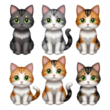 6 different coloured small cats including a dark grey and white, and a patchy calico, and a brown tabby and white,  and a completely solid dark grey with green eyes and only white paws sticker