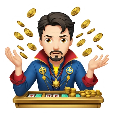 disheveled Doctor Strange losing money at a slot machine, panicked face, coins flying sticker