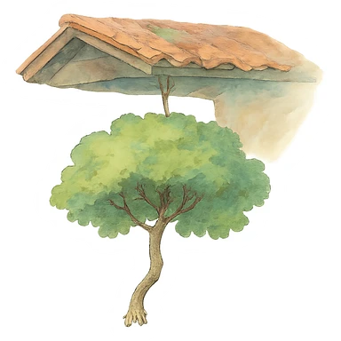 ghibli style illustration of a tree hanging from a roof, soft colors, whimsical sticker