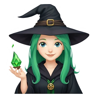 Young Witch in black robe and a witch's hat with green magic in her hand, long green hair and blue eyes smiling sticker