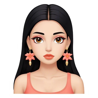 Tez morena, pelo negro largo lacio sin peinado, cejas pronunciadas, ojos grandes color marrones oscuro con pestañas largas, nariz pequeña, labios grandes color coral, rubor coral, top corto negro, orejas pequeñas y pantallas color oro sticker