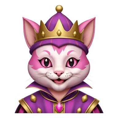 court jester cat medieval, single poker card joker clearly visible, pink, face only sticker