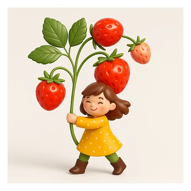 Create a 3D iOS-style image of a girl in a yellow dress holding a large strawberry plant with big strawberries and green leaves. The image should have soft lighting and a glossy effect, with no background. The proportions should be square (1:1). Render in GPT Image style with a 3D iOS aesthetic. sticker