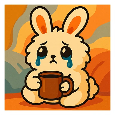 fluffy cream bunny with teardrop eyes holding a coffee mug, cozy soft background, vibrant toon style sticker
