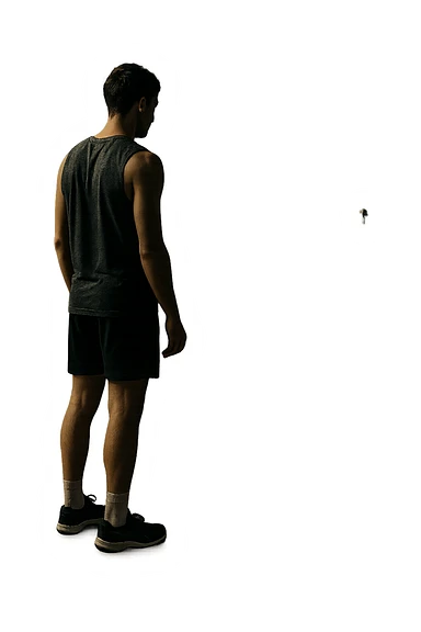 cinematic a person stands alone on a running track or in a fitness studio, glancing toward an empty coach’s chair or whistle hanging on a hook. The absence of the coach is emphasized by a faint, transparent silhouette or shadow where the coach should be. The atmosphere is quiet and a bit disheartened. in italiano sticker