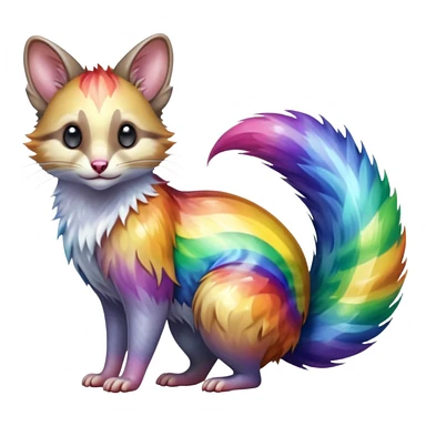 Hyper realistic  prismatic glass-rainbow fur bending light into liquid shimmer waves beautiful elegant pretty precious cute  Fakémon-Pokémon-opossum-feline-serval-caracal-chinchilla-Furret-Minccino-hybrid-creature with a big fluffy bushy tail (full body) sticker