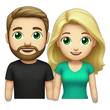 A happy couple, blond chubby girl with blue eyes and black haired and bearded man with green eyes. The man wears a black t-shirt sticker
