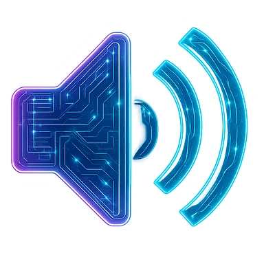 Transform the sound icon into a cyberpunk, holographic style with glowing neon blue and pink edges, circuit patterns throughout the entire icon, and a transparent background. Maintain the recognizable speaker and sound wave shapes, overlaying neon and circuit effects in the same futuristic, clean style as the previous cyberpunk icons. The whole icon should have a consistent cyberpunk glow and intricate circuit details. sticker
