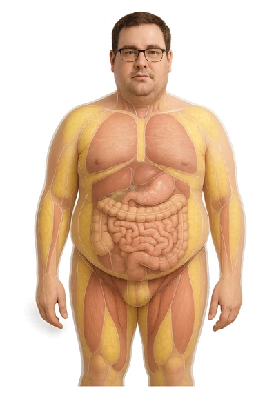 an adult man with a visibly overweight physique stands in a clinical setting. Semi-transparent overlays highlight areas of fat accumulation, especially around the abdomen, chest, and thighs. The fat tissue is shown in yellow, contrasting with underlying muscles and organs. The background is clean and modern, emphasizing the educational aspect. sticker