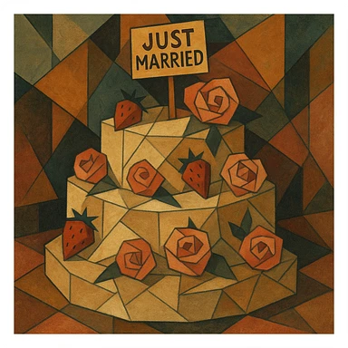 white wedding cake with strawberries, pink roses, 'Just Married' topper, cubist abstraction style sticker