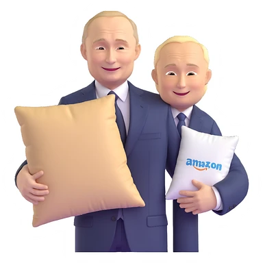 Vladimir Putin in a suit smiling and holding a memory foam pillow with an Amazon package next to him sticker
