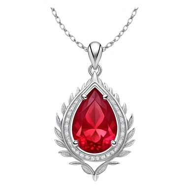 teardrop ruby pendant with fiery light, tiny phoenix feather emerging, haloed by shimmering white stones, silver chain like liquid moonlight sticker