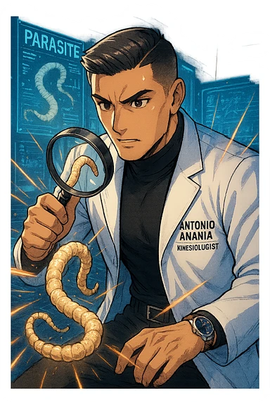 A dynamic manga/webtoon-style illustration of a young male kinesiologist wearing a clean white lab coat, analyzing light beige worms like a tapeworm under a magnifying glass. His expression is focused and slightly intrigued, with sharp, detailed eyes. The art style is vibrant, with bold linework, rich colors, and dramatic lighting. The background is a futuristic laboratory with glowing holographic screens displaying parasite data. The tapeworm is intricately drawn, slimy and segmented, with a slightly exaggerated yet realistic texture. The composition is dynamic, with motion lines or energy effects to emphasize his scientific investigation. The atmosphere is intense but not dark, keeping a balance between scientific seriousness and stylish manga aesthetics, he has "ANTONIO ANANIA" WRITTEN ON WHITE LAB COAT sticker