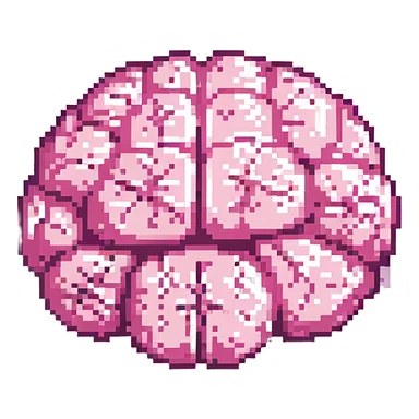 16-bit pixel art of a pink brain-shaped blob, smooth rounded brain texture, simple retro gaming style sticker