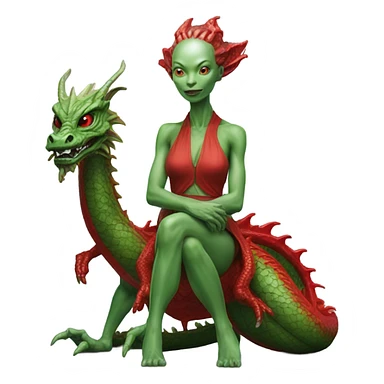 Photo realistic, alien female green,  on red china dragon sticker