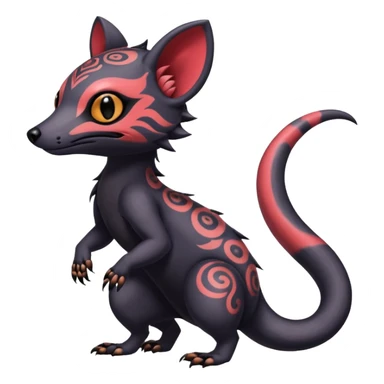 Rare warm-colored exotic gloomy tropical edgy cute epic aesthetic spooky  gothic colorful Salandit-Noibat-Civet-species-Fakemon-hybrid-creature, with tribal tattoo markings, full body sticker