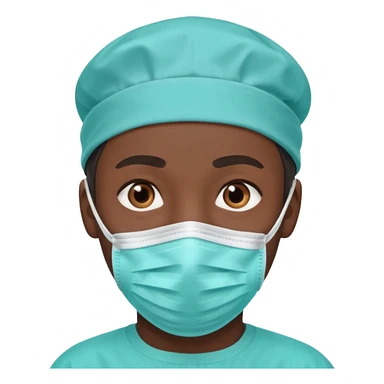 A dark-skinned man with brown eyes, wearing a teal surgical cap and face mask. sticker