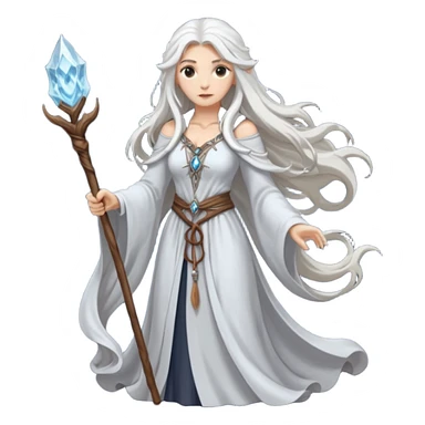 White silver Long Haired Women, Sorceress with staff — flowing white hair, calm face. sticker