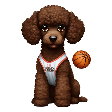 Chocolate brown poodle puppy wearing a basketball jersey sticker