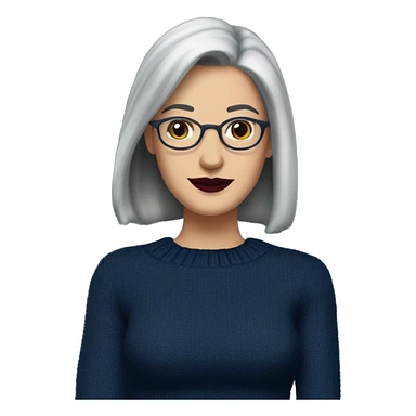 Attractive Caucasian woman with long straight grey hair worn over one shoulder,  wearing wire frame glasses, dark red lipstick, and a navy blue sweater, she has French facial features with a slightly upturned nose sticker