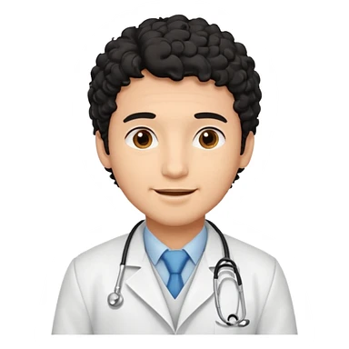 a young male doctor with black  curly hair and cheerful face sticker