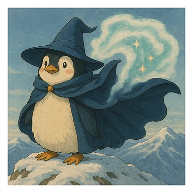 Place the ghibli style penguin wizard on top of a snowy mountain, keep the magical aura and flowing cape, match original lighting and mood sticker