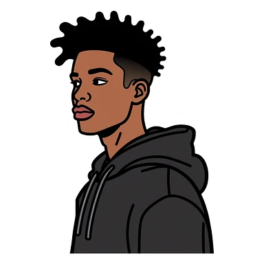 Black man with mid afro hairstyle wearing a black shirt and hoodie sticker