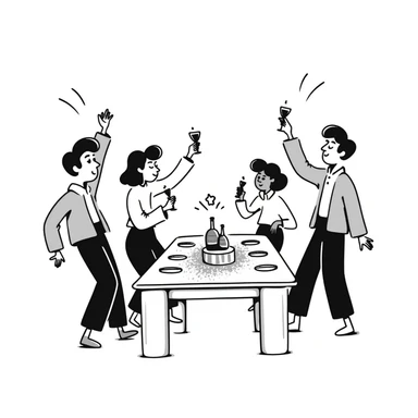 fun office holiday party with coworkers dancing, drinking and socializing around a decorated conference table sticker