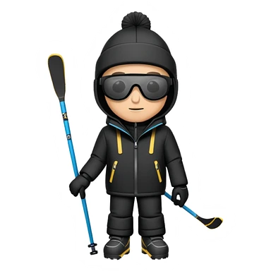 Homme habillé en noir avec une cagoule et des lunettes de ski ,il a une capuche  sticker