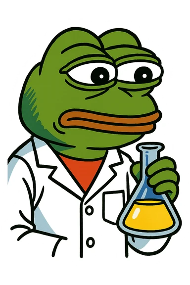 Pepe the Frog as a scientist with lab coat and beaker, meme style sticker