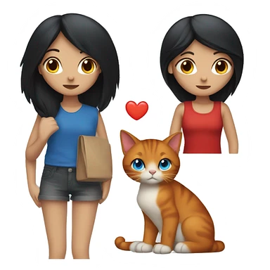 a girl with long, straight black hair and blue eyes with a red cat sticker