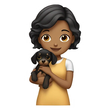 tan girl with black bob holding brown puppy sticker