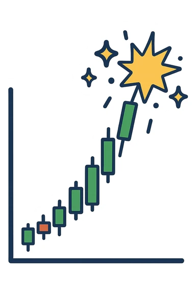 chart with green candles exploding upwards, flat modern style, bright saturated colors including golds, greens, reds, minimal but expressive, universal look sticker