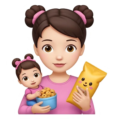 Cute small Toddler emoji with two small buns dark brown hair, fair skin, in pink top, holding toddler snacks & doll sticker