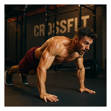 realistic 4K image of a crossfit athlete training burpees exercise, body in motion, defined muscles, vivid colors, energetic atmosphere, gym background sticker