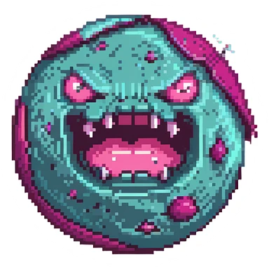 bright pink planet with darker pink spots and an angry face with gritted teeth sticker