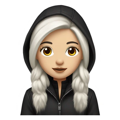 White-skinned hair with hazel eyes and dark long straight hair wearing black jacket a fur hood sticker