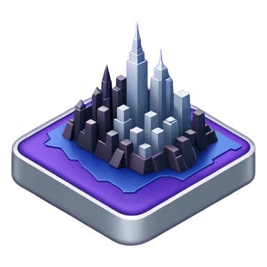 Landmark above the map. Colors: dark purple, dark blue, black, silver. Style: metallic, realistic sticker