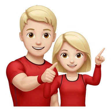 Girl and boy in red gym clothes who points out sticker